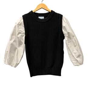Burgess Phoebe Top Mixed Media Poplin Knit White Black 3/4 Sleeve Womens Small